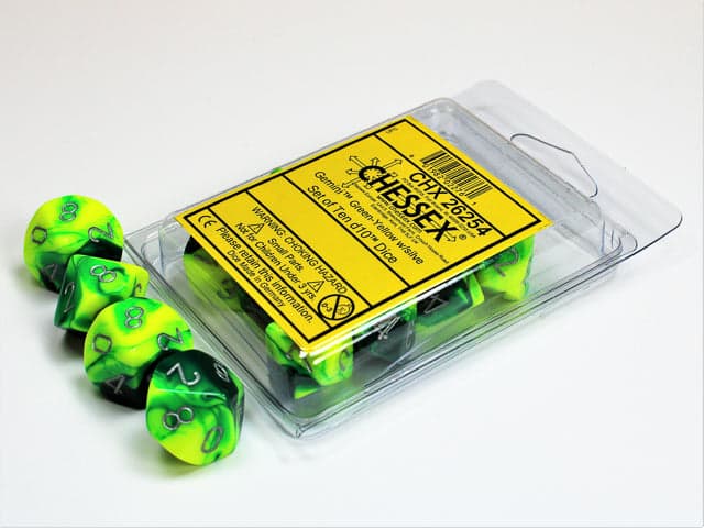 Chessex | d10 Set | Acrylic | Gemini Green-Yellow/silver (10) (CHX 26254)