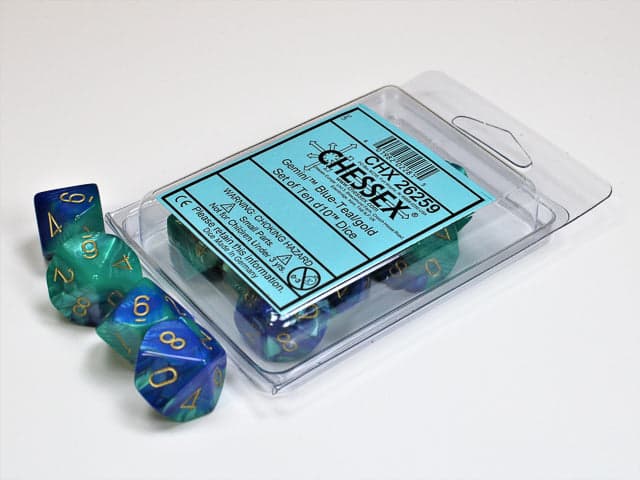 Chessex | d10 Set | Acrylic | Gemini Blue-Teal/gold (10) (CHX 26259)