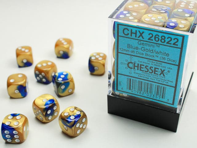 Chessex | d6 Dice Block | Acrylic | Gemini Blue-Gold/white 12mm d6 (36 Dice) (CHX 26822)