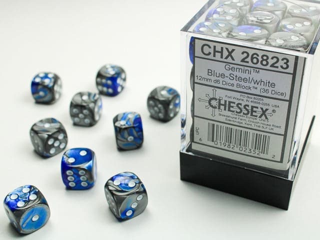 Chessex | d6 Dice Block | Acrylic | Gemini Blue-Steel/white 12mm d6 (36 Dice) (CHX 26823)