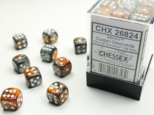 Chessex | d6 Dice Block | Acrylic | Gemini Copper-Steel/white 12mm d6 (36 Dice) (CHX 26824)