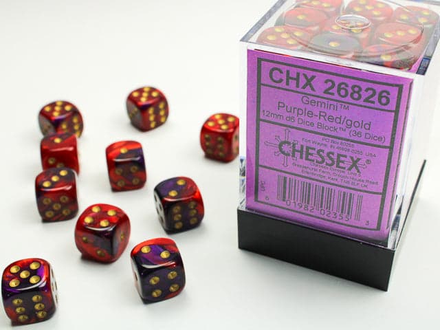 Chessex | d6 Dice Block | Acrylic | Gemini Purple-Red/gold 12mm d6 (36 Dice) (CHX 26826)