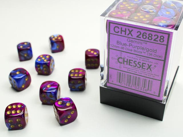 Chessex | d6 Dice Block | Acrylic | Gemini Blue-Purple/gold 12mm d6 (36 Dice) (CHX 26828)