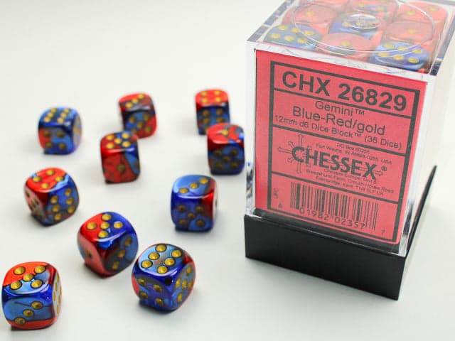 Chessex | d6 Dice Block | Acrylic | Gemini Blue-Red/gold 12mm d6 (36 Dice) (CHX 26829)
