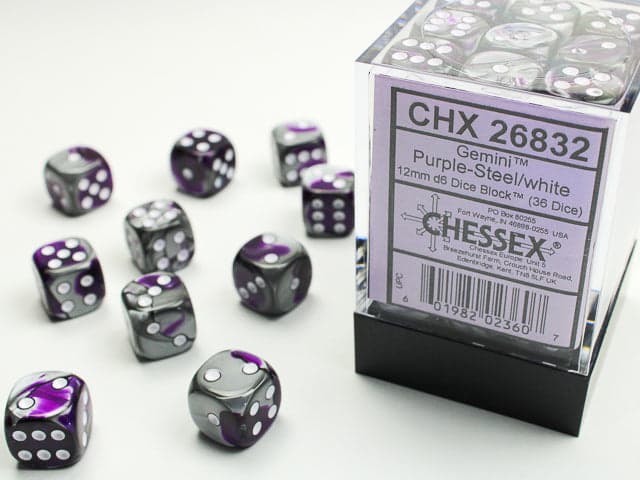 Chessex | d6 Dice Block | Acrylic | Gemini Purple-Steel/white 12mm d6 (36 Dice) (CHX 26832)