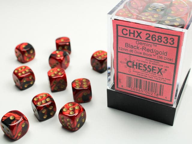 Chessex | d6 Dice Block | Acrylic | Gemini Black-Red/gold 12mm d6 (36 Dice) (CHX 26833)