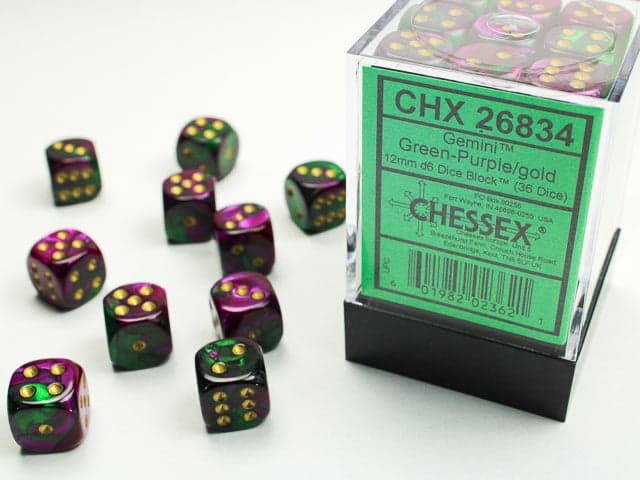Chessex | d6 Dice Block | Acrylic | Gemini Green-Purple/gold 12mm d6 (36 Dice) (CHX 26834)