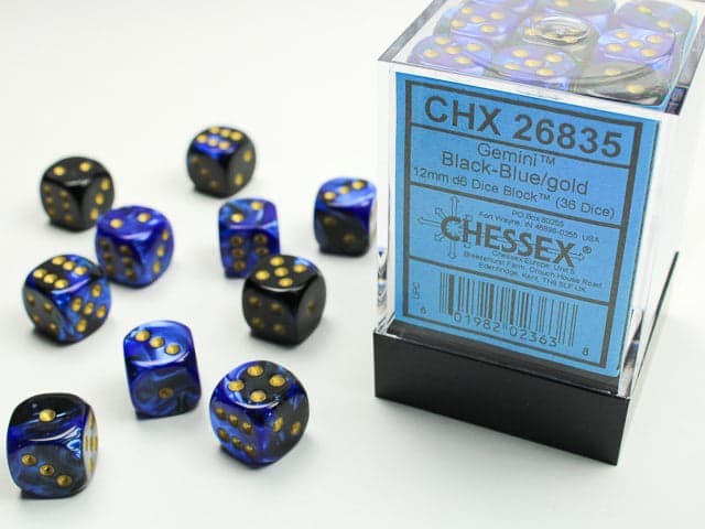 Chessex | d6 Dice Block | Acrylic | Gemini Black-Blue/gold 12mm d6 (36 Dice) (CHX 26835)