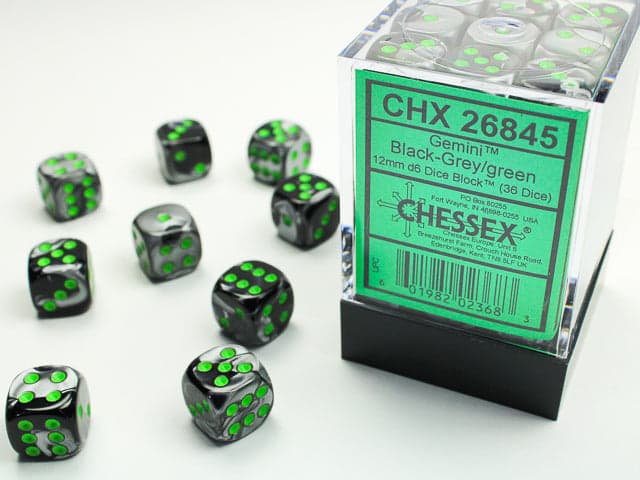 Chessex | 12mm D6 Dice Block | Gemini | Black-Grey/Green (CHX26845)
