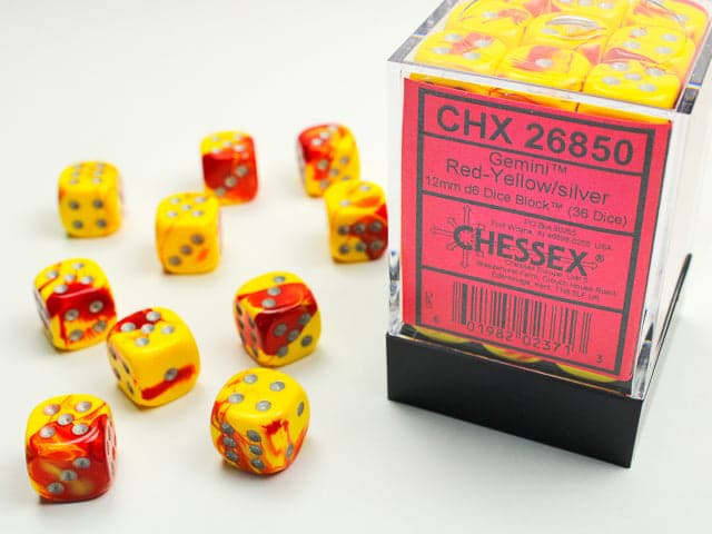 Chessex | d6 Dice Block | Acrylic | Gemini Red-Yellow/silver 12mm d6 (36 Dice) (CHX 26850)