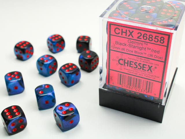 Chessex | 12mm D6 Dice Block | Gemini | Black-Starlight/Red (CHX26858)