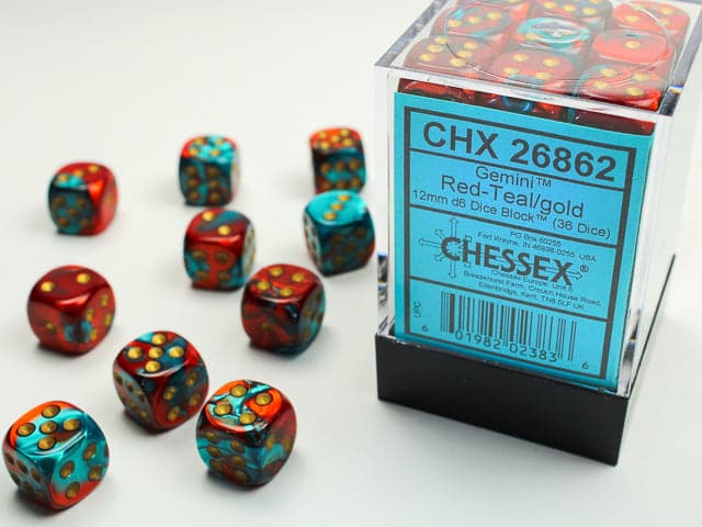 Chessex | 12mm D6 Dice Block | Gemini | Red-Teal/Gold (CHX26862)