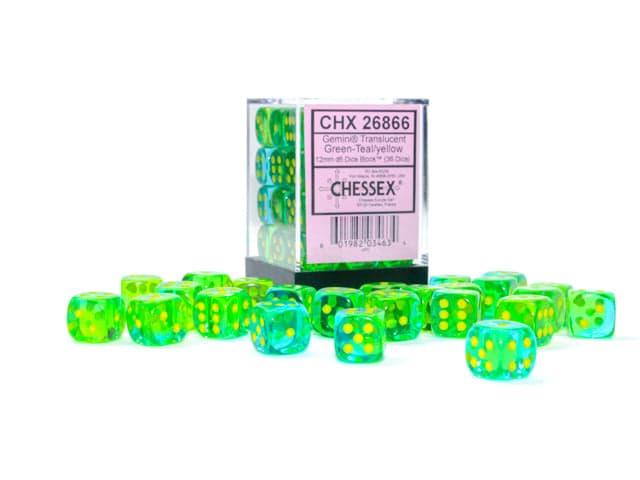 Chessex | d6 Dice Block | Acrylic | Gemini Translucent Green-Teal/yellow 12mm d6 (36 Dice) (CHX 26866)
