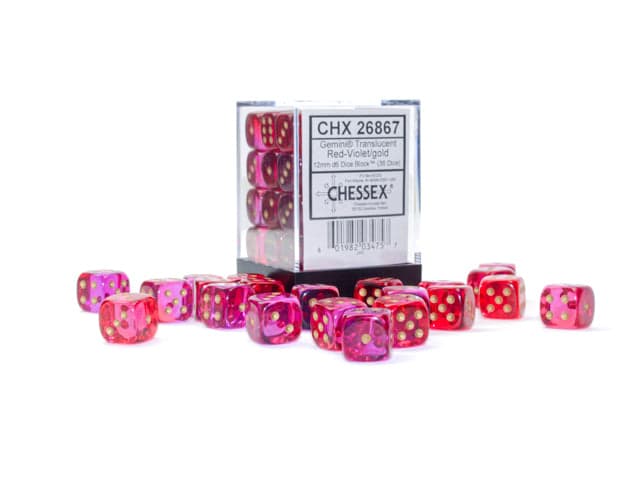 Chessex | d6 Dice Block | Acrylic | Gemini Translucent Red-Violet/gold 12mm d6 (36 Dice) (CHX 26867)