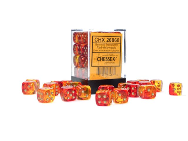 Chessex | d6 Dice Block | Acrylic | Gemini Translucent Red-Yellow/gold 12mm d6 (36 Dice) (CHX 26868)