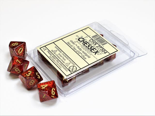 Chessex | d10 Set | Acrylic | Glitter Ruby/gold (10) (CHX 27304)