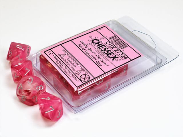 Chessex | d10 Set | Acrylic | Ghostly Glow Pink/silver (10) (CHX 27324)