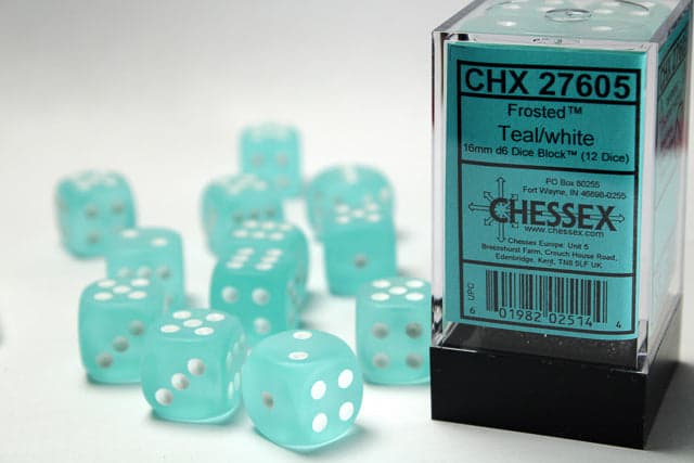 Chessex | d6 Dice Block | Acrylic | Frosted Teal/White 16mm d6 (12 dice) (CHX 27605)