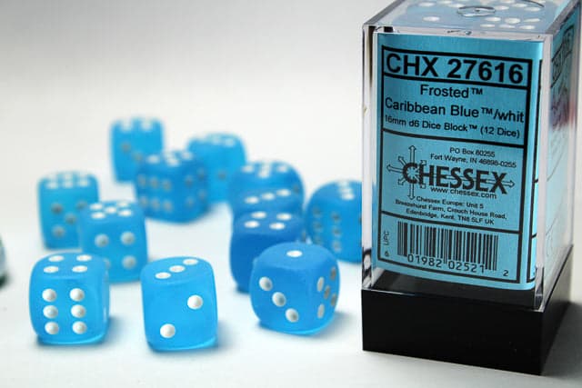 Chessex | d6 Dice Block | Acrylic | Frosted Caribbean Blue/White 16mm d6 (12 dice) (CHX 27616)