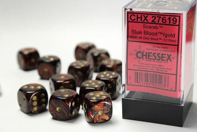 Chessex | 16mm D6 Dice Block | Scarab | Blue Blood/Gold (CHX27619)