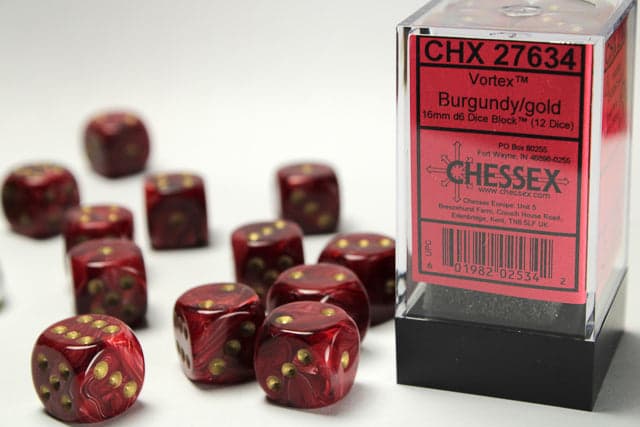 Chessex | 16mm D6 Dice Block | Vortex | Burgundy/Gold (CHX27634)