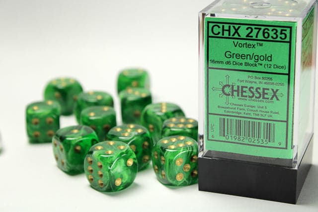 Chessex | 16mm D6 Dice Block | Vortex | Green/Gold (CHX27635)
