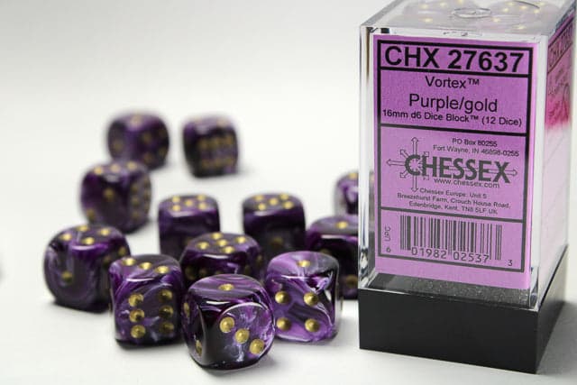 Chessex | 16mm D6 Dice Block | Vortex | Purple/Gold (CHX27637)