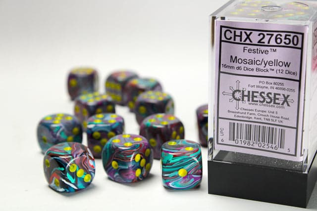 Chessex | d6 Dice Block | Acrylic | Festive Mosaic/yellow 16mm d6 (12 dice) (CHX 27650)