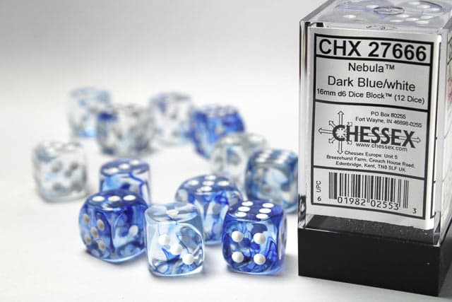 Chessex | d6 Dice Block | Acrylic | Nebula Dark Blue/White 16mm d6 (12 dice) (CHX 27666)