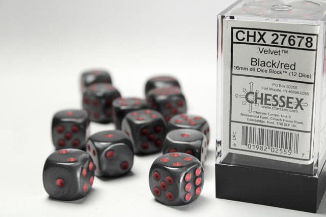 Chessex | 16mm D6 Dice Block | Velvet | Black/Red (CHX27678)