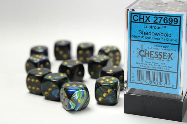 Chessex | 16mm D6 Dice Block | Lustrous | Shadow/Gold (CHX27699)