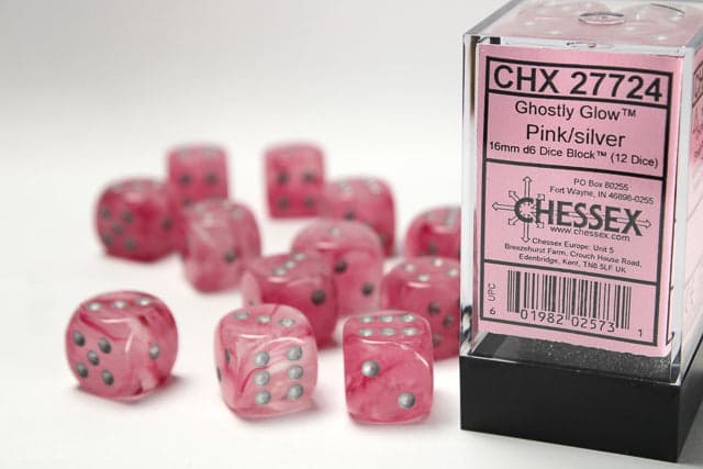 Chessex | 16mm D6 Dice Block | Ghostly Glow | Pink/Silver (CHX27724)