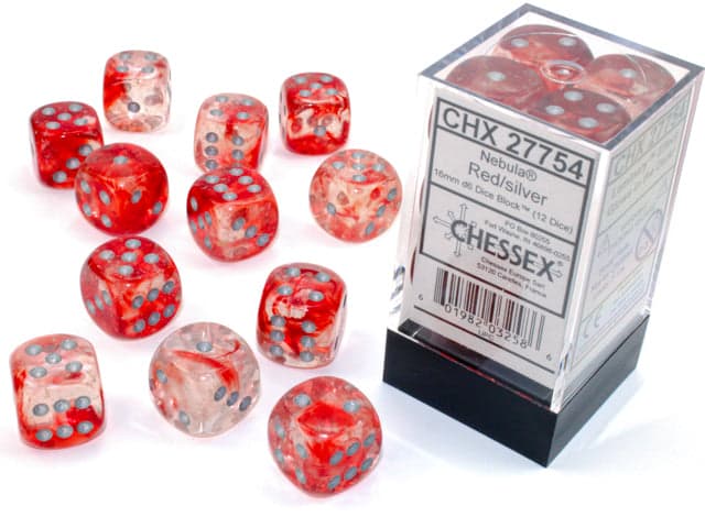 Chessex | d6 Dice Block | Acrylic | Nebula Red/Silver 16mm d6 (12 dice) (CHX 27754)