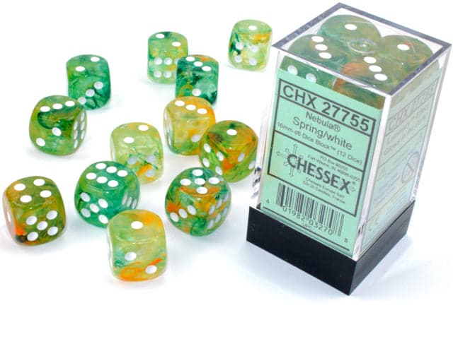 Chessex | d6 Dice Block | Acrylic | Nebula Spring/White 16mm d6 (12 dice) (CHX 27755)