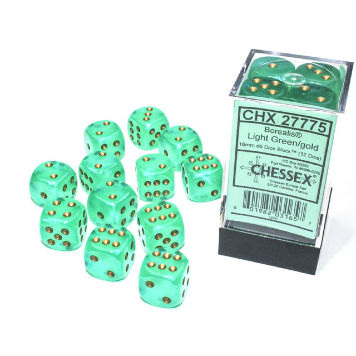 Chessex | d6 Dice Block | Acrylic | Borealis Light Green/Gold 16mm d6 (12 dice) (CHX 27775)