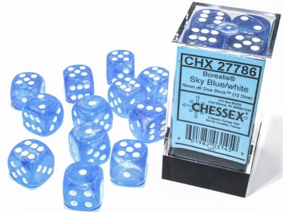 Chessex | d6 Dice Block | Acrylic | Borealis Sky Blue/White 16mm d6 (12 dice) (CHX 27786)