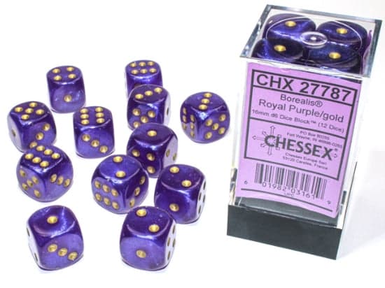 Chessex | d6 Dice Block | Acrylic | Borealis Royal Purple/Gold 16mm d6 (12 dice) (CHX 27787))