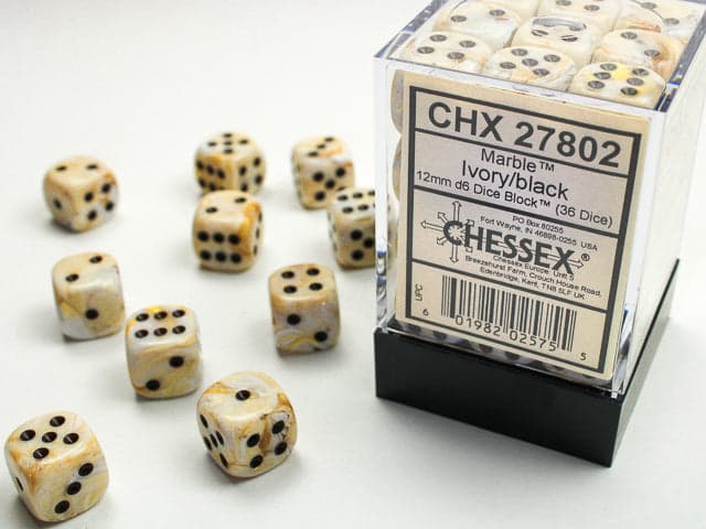Chessex | d6 Dice Block | Acrylic | Marble Ivory/black 12mm d6 (36 Dice) (CHX 27802)
