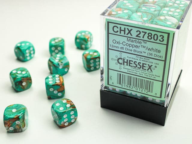 Chessex | d6 Dice Block | Acrylic | Marble Oxi-Copper/white 12mm d6 (36 Dice) (CHX 27803)