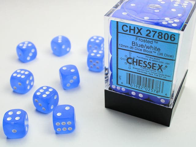 Chessex | d6 Dice Block | Acrylic | Frosted Blue/white 12mm d6 (36 Dice) (CHX 27806)