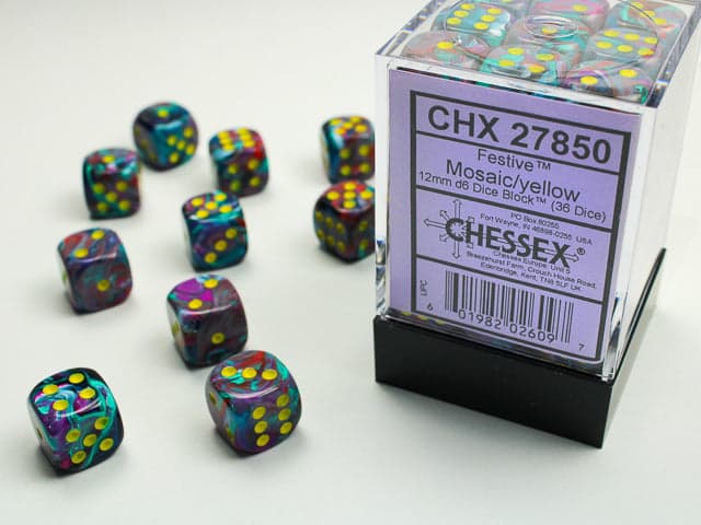 Chessex | d6 Dice Block | Acrylic | Festive Mosaic/yellow 12mm d6 (36 Dice) (CHX 27850)