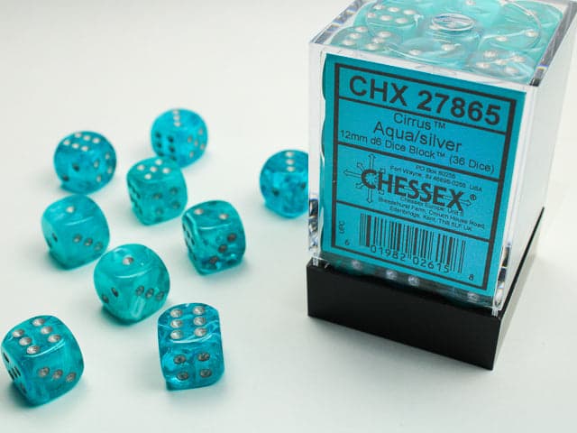 Chessex | d6 Dice Block | Acrylic | Cirrus Aqua/silver 12mm d6 (36 Dice) (CHX 27865)