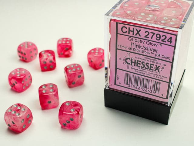 Chessex | d6 Dice Block | Acrylic | Ghostly Glow Pink/silver 12mm d6 (36 Dice) (CHX 27924)