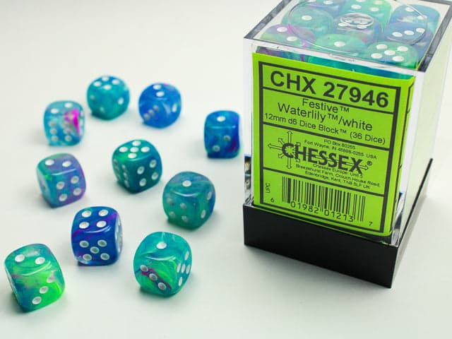Chessex | d6 Dice Block | Acrylic | Festive Waterlily/white 12mm d6 (36 Dice) (CHX 27946)