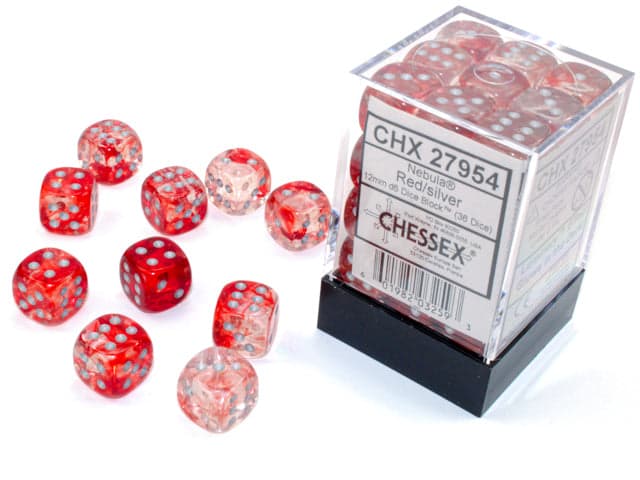 Chessex | d6 Dice Block | Acrylic | Nebula Red/silver 12mm d6 (36 Dice) (CHX 27954)