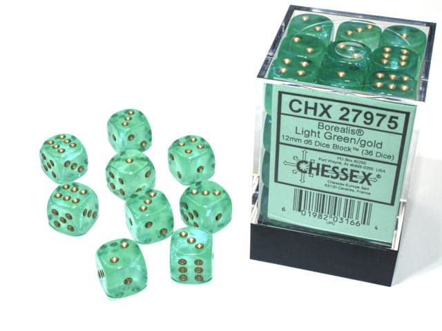 Chessex | d6 Dice Block | Acrylic | Borealis Light Green/gold 12mm d6 (36 Dice) (CHX 27987)