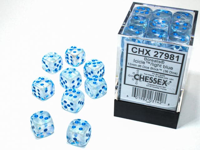 Chessex | d6 Dice Block | Acrylic | Borealis Icicle/light blue 12mm d6 (36 Dice) (CHX 27982)
