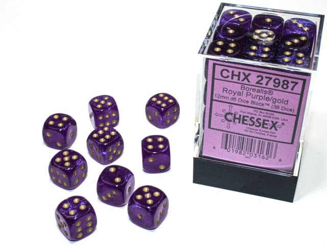 Chessex | d6 Dice Block | Acrylic | Borealis Royal Purple/gold 12mm d6 (36 Dice) (CHX 27987)