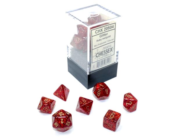 Chessex | Mini-hedral Dice Set | Acrylic | Glitter Ruby Red/gold (CHX 20504)