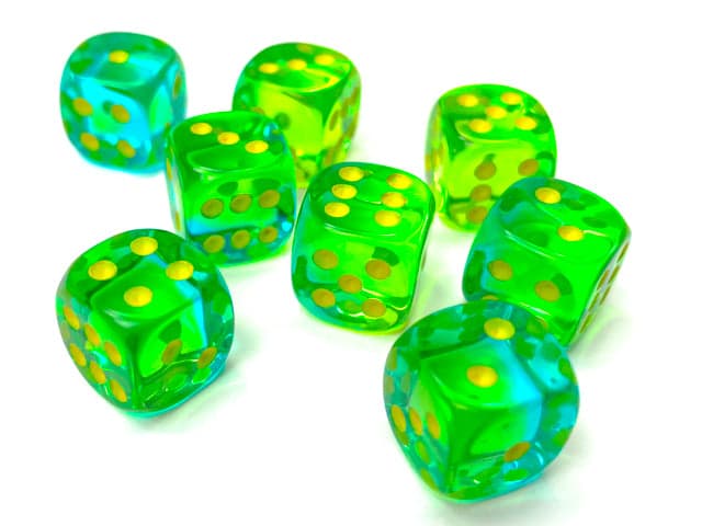 Chessex | d6 Dice Block | Acrylic | Gemini Translucent Green-Teal/yellow 12mm d6 (36 Dice) (CHX 26866)